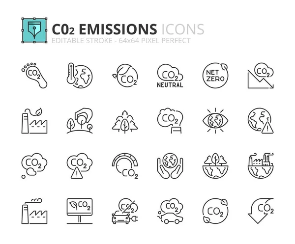 有关Co2排放的线条图标 包含植树 净零和减少二氧化碳等图标 可编辑笔划矢量64X64像素完美 — 图库矢量图片