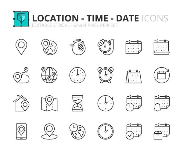 Иконки Линий Местоположении Времени Дате Содержит Такие Значки Часы Расписание — стоковый вектор
