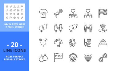LGBTQIA + hakkında satır simgeleri. Aşk, bayrak, gurur günü, cinsellik ve cinsiyet çeşitliliği gibi ikonlar içeriyor. Düzenlenebilir felç. Vektör - 64 piksel mükemmel ızgara