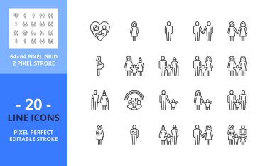 Line icons about people, types of family structures. Contains such icons as childless, nuclear family or single parent. Editable stroke. Vector - 64 pixel perfect grid clipart