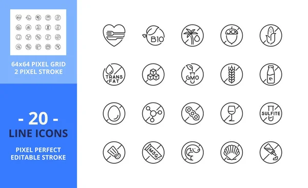 Liniensymbole Über Badge Food Enthält Symbole Wie Biolebensmittel Allergene Zutatenwarnung — Stockvektor
