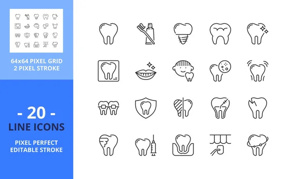 Лінійні Значки Про Стоматологію Стоматологію Містить Такі Піктограми Посмішка Гігієна — стоковий вектор