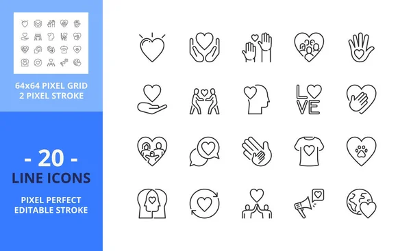 Iconos Línea Sobre Amor Contiene Iconos Como Donación Amistad Cuidado — Archivo Imágenes Vectoriales