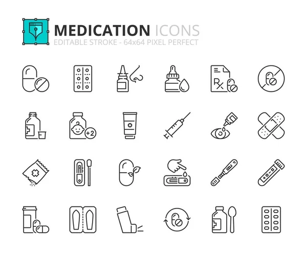 Iconos Línea Sobre Medicamentos Contiene Iconos Como Píldoras Inhalador Jarabe — Vector de stock