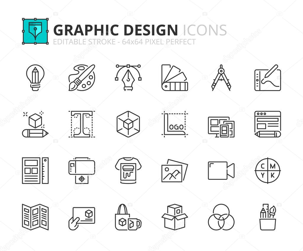 Line icons about graphic design. Contains such icons as vector, illustation, web design, and print. Editable stroke Vector 64x64 pixel perfect