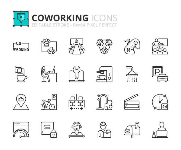 Zeilensymbole Über Coworking Enthält Symbole Wie Arbeitsplatz Konferenzraum Erholungszone Und — Stockvektor