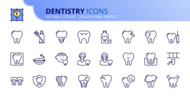Dişçilik ve diş bakımıyla ilgili çizgi ikonları. Gülümseme, hijyen, implant, röntgen, ortodonti ve diş çürümesi gibi ikonlar içeriyor. Düzenlenebilir vuruş vektörü 256x256 piksel mükemmel