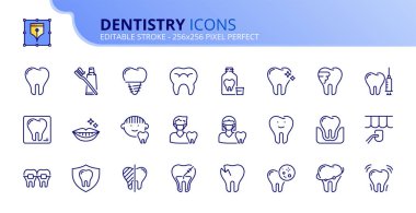 Line icons about dentistry and dental care. Contains such icons as smile, hygiene, implant, x ray, orthodontics and tooth decay. Editable stroke Vector 256x256 pixel perfect clipart