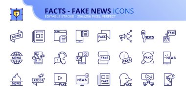 Gerçekler ve sahte haberler hakkında satır simgeleri. Sahte ajans, troll, sosyal robotlar ve gazete gibi ikonlar içeriyor. Düzenlenebilir vuruş vektörü 256x256 piksel mükemmel