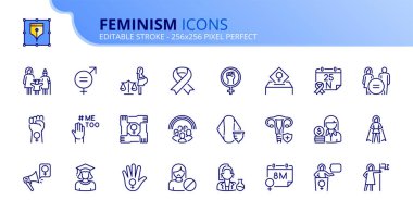 Feminizm hakkındaki çizgi simgeleri. Cinsiyet eşitliği, kadın hakları ve kız gücü gibi ikonlar içeriyor. Düzenlenebilir vuruş vektörü 256x256 piksel mükemmel