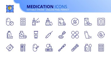 İlaçlarla ilgili çizgi ikonları. İçinde hap, astım spreyi, öksürük şurubu ve aşı gibi ikonlar var. Düzenlenebilir vuruş vektörü 256x256 piksel mükemmel