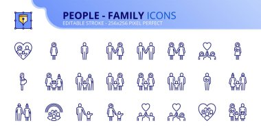 Line icons about people, types of family structures. Contains such icons as childless, nuclear family or single parent. Editable stroke Vector 256x256 pixel perfect clipart