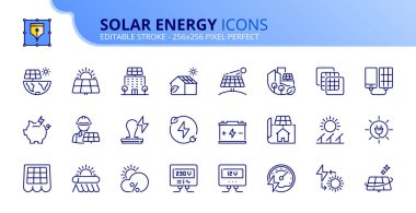 Güneş enerjisi hakkında çizgi simgeleri. Kurulum, verimlilik, güneş paneli, yenilenebilir enerji gibi ikonlar içerir. Düzenlenebilir vuruş vektörü 256x256 piksel mükemmel