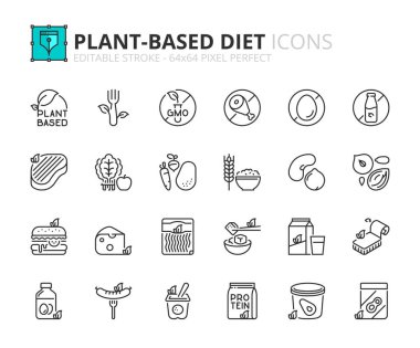 Line icons about plant based diet. Contains such icons as vegan products and fruits, vegetables, whole grains legumes and nuts. Editable stroke Vector 64x64 pixel perfect clipart