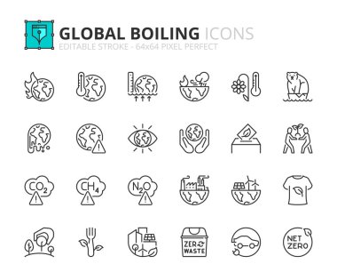 Küresel kaynama çağıyla ilgili çizgi simgeleri. Küresel ısınma, net sıfır ve iklim hareketi gibi ikonlar içeriyor. Düzenlenebilir vuruş vektörü 64x64 piksel mükemmel