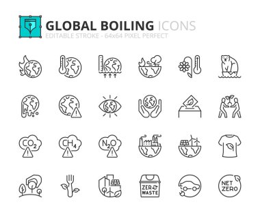 Line icons about era of global boiling. Contains such icons as global warming, net zero and climate action. Editable stroke Vector 64x64 pixel perfect clipart