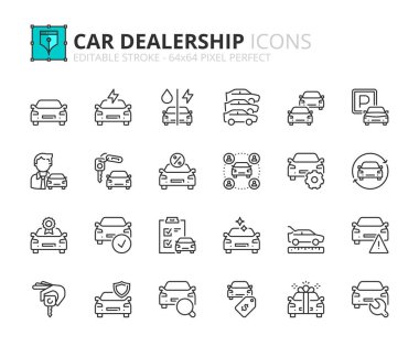Line icons about car dealership. Contains such icons as sales, renting, comparatives, vehicle features and maintenance. Editable stroke Vector 64x64 pixel perfect clipart