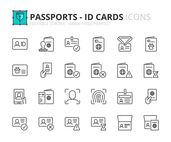 パスポートとIdカードに関するアイコン 個人識別 動物追跡 ビザなどのアイコンが承認されています 編集可能なストロークベクター64X64ピクセル完璧 — ストックベクタ