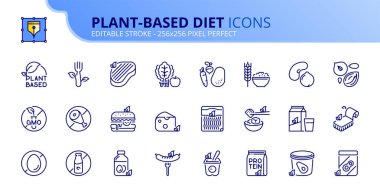 Bitki temelli diyetle ilgili çizgi simgeleri. Vegan ürünler, meyve, sebze, tam tahıl, baklagil ve fındık gibi ikonlar içerir. Düzenlenebilir vuruş vektörü 256x256 piksel mükemmel