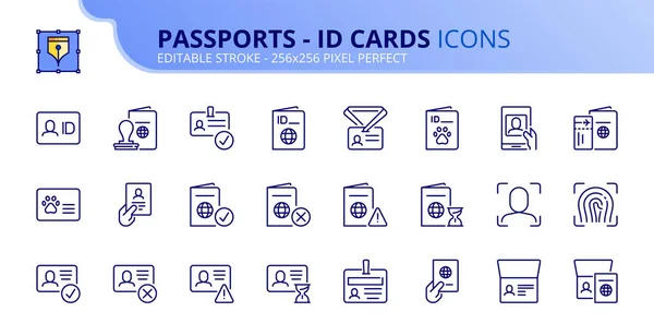 パスポートとIdカードに関するアイコン 個人識別 動物追跡 ビザなどのアイコンが承認されています 編集可能なストローク ベクター 256X256 ピクセル — ストックベクタ