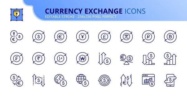 货币兑换方面的线图标 包含轨道汇率 日元和英镑符号等图标 可编辑笔划矢量256X256像素完美 免版税图库矢量图片