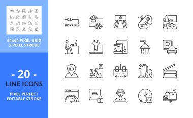 İş birliği hakkında satır simgeleri. İş yeri, toplantı odası, dinlenme alanı ve hizmet gibi ikonlar içeriyor. Düzenlenebilir felç. Vektör - 64 piksel mükemmel ızgara
