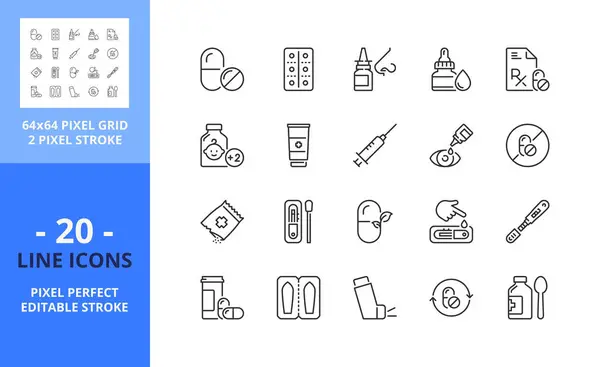 Iconos Línea Sobre Medicamentos Contiene Iconos Como Píldoras Inhalador Jarabe — Archivo Imágenes Vectoriales