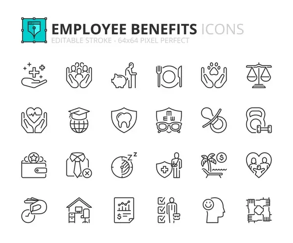 Ikony Řádků Zaměstnaneckých Požitcích Obsahuje Ikony Jako Zdravotní Pojištění Sociální — Stockový vektor