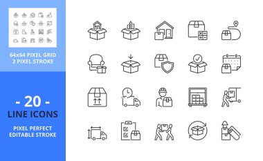 Hareket servisi hakkında satır simgeleri. Paketleme, yükleme, ev, şirket ve ofis taşınması gibi ikonlar içeriyor. Düzenlenebilir felç. Vektör - 64 piksel mükemmel ızgara