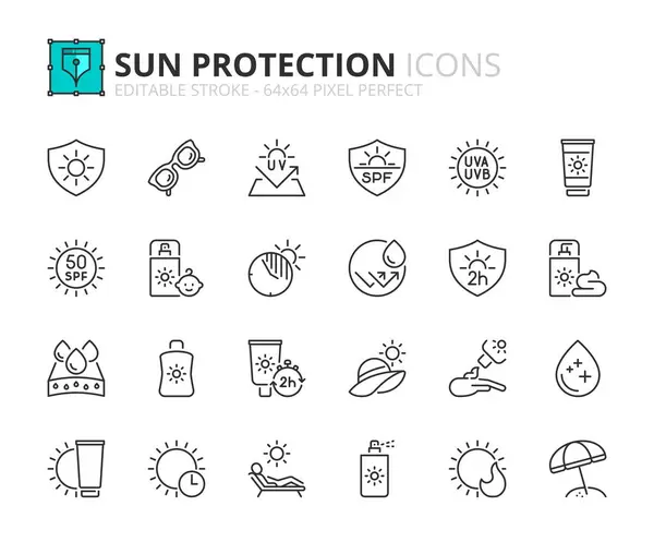 Линии Иконки Защите Солнца Содержит Такие Значки Солнцезащитные Очки Spf — стоковый вектор