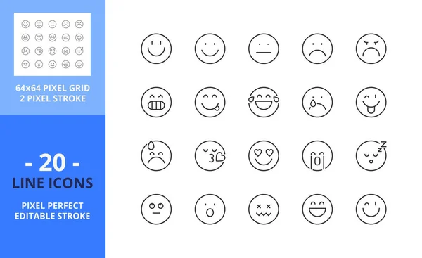 Linje Ikoner Emoji Innehåller Ikoner Som Ansiktsuttryck Tillfredsställelse Skala Och — Stock vektor
