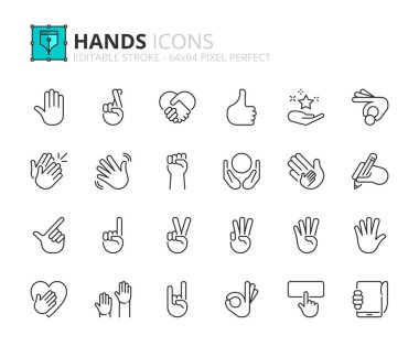 Line icons about hand gestures. Contains such icons as fingers crossed, clapping, point, waving, writing and numbers. Editable stroke Vector 64x64 pixel perfect clipart