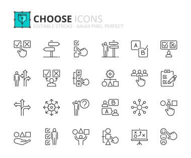 Seçme konusunda çizgi simgeleri. Seçenekler, tercihler, seçim ve karar gibi simgeler içerir. Düzenlenebilir vuruş vektörü 64x64 piksel mükemmel