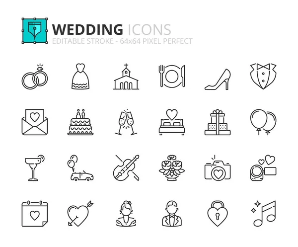 Čáry Ikon Svatbě Obsahuje Ikony Jako Jsou Oslavy Prsteny Nevěsta — Stockový vektor