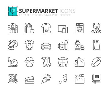 Süpermarketle ilgili çizgi simgeleri. Market, giysi, kişisel bakım, açık hava, ev geliştirme ve eğlence gibi ikonlar içeriyor. Düzenlenebilir vuruş vektörü 64x64 piksel mükemmel