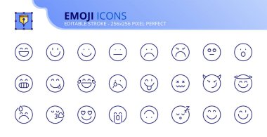 Emoji hakkında satır simgeleri. Mutlu, komik, üzgün, kızgın yüz ifadeleri, tatmin ölçeği ve duygular gibi ikonlar içerir. Düzenlenebilir felç. Vektör 256x256 piksel mükemmel.