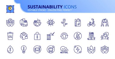 Line icons about sustainability. Contains such icons as efficiency building, green city, renewable energy and zero waste. Editable stroke. Vector 256x256 pixel perfect. clipart