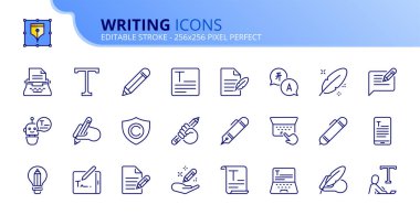 Metin hakkında satır simgeleri. Yazı, yaratıcılık, kalem ve yazar gibi ikonlar içeriyor. Düzenlenebilir felç. Vektör 256x256 piksel mükemmel.