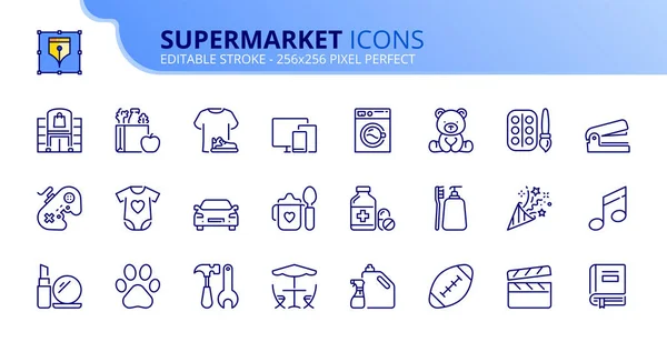 Řádky Ikon Supermarketu Obsahuje Ikony Jako Potraviny Oblečení Osobní Péči Vektorová Grafika