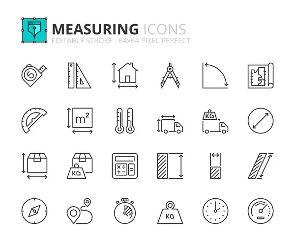 Line Icons Measuring Contains Icons Tape Measure Capacity Weight Timer — Stock Vector