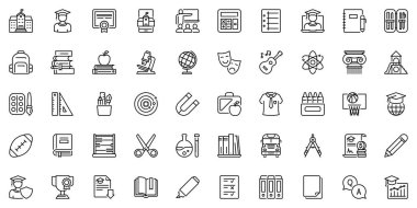 Okul, dersler ve okul malzemeleriyle ilgili çizgi ikonları. Düzenlenebilir vuruş ve piksel mükemmel.