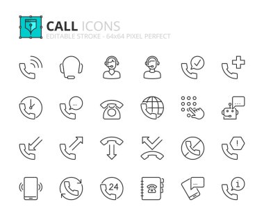 Line icons about call. Contains such icons as support, call center, telephone and talking. Editable stroke. Vector 256x256 pixel perfect. clipart