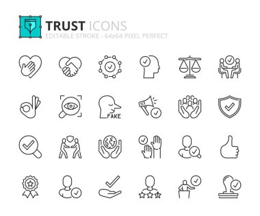 Güven hakkında satır simgeleri. Dürüstlük, bağlılık, dürüstlük ve şeffaflık gibi ikonlar içerir. Düzenlenebilir felç. Vektör 256x256 piksel mükemmel.
