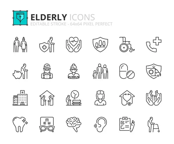 关于老年人的线图标 包括老年人 医疗保健 退休规划和保险等图标 可编辑的中风 矢量256X256像素完美 — 图库矢量图片