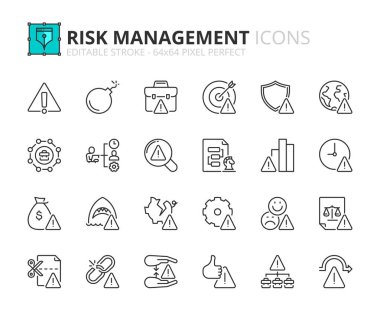 Line icons about risk management. Contains such icons as operational, reputacional, legal, compliance and financial risk. Editable stroke. Vector 64x64 pixel perfect. clipart