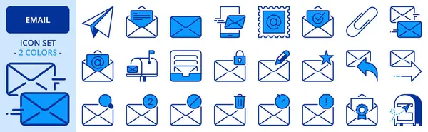 stock vector Icons in two colors about email. Technology and communication concept. Contains such icons as mail, inbox, reply, edit, send and mailbox. Editable stroke