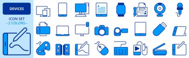 Aygıtlar hakkında iki renkli simgeler. Mobil, tablet, bilgisayar, okuyucu, akıllı saat, yazıcı ve kamera gibi simgeler içerir. Düzenlenebilir vuruş