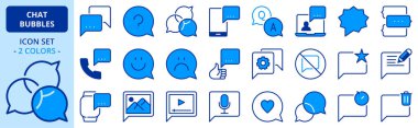 Sohbet baloncukları hakkında iki renkli simgeler. İletişim kavramları. Anında mesajlaşma, sosyal medya, video, ses, resim ve emoji gibi simgeler içerir. Düzenlenebilir vuruş