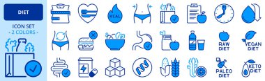 Diyet hakkında iki renkli ikonlar. Sağlıklı yiyecek, yağ, protein, sebze, meyve, karbonhidrat ve şeker gibi ikonlar içerir. Düzenlenebilir vuruş