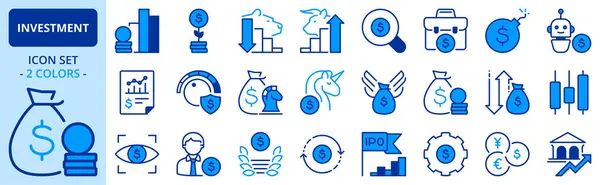 stock vector Icons in two colors about investment. Financial concept. Contains such icons as stock exchange, bull and bear market, capital risk and IPO. Editable stroke